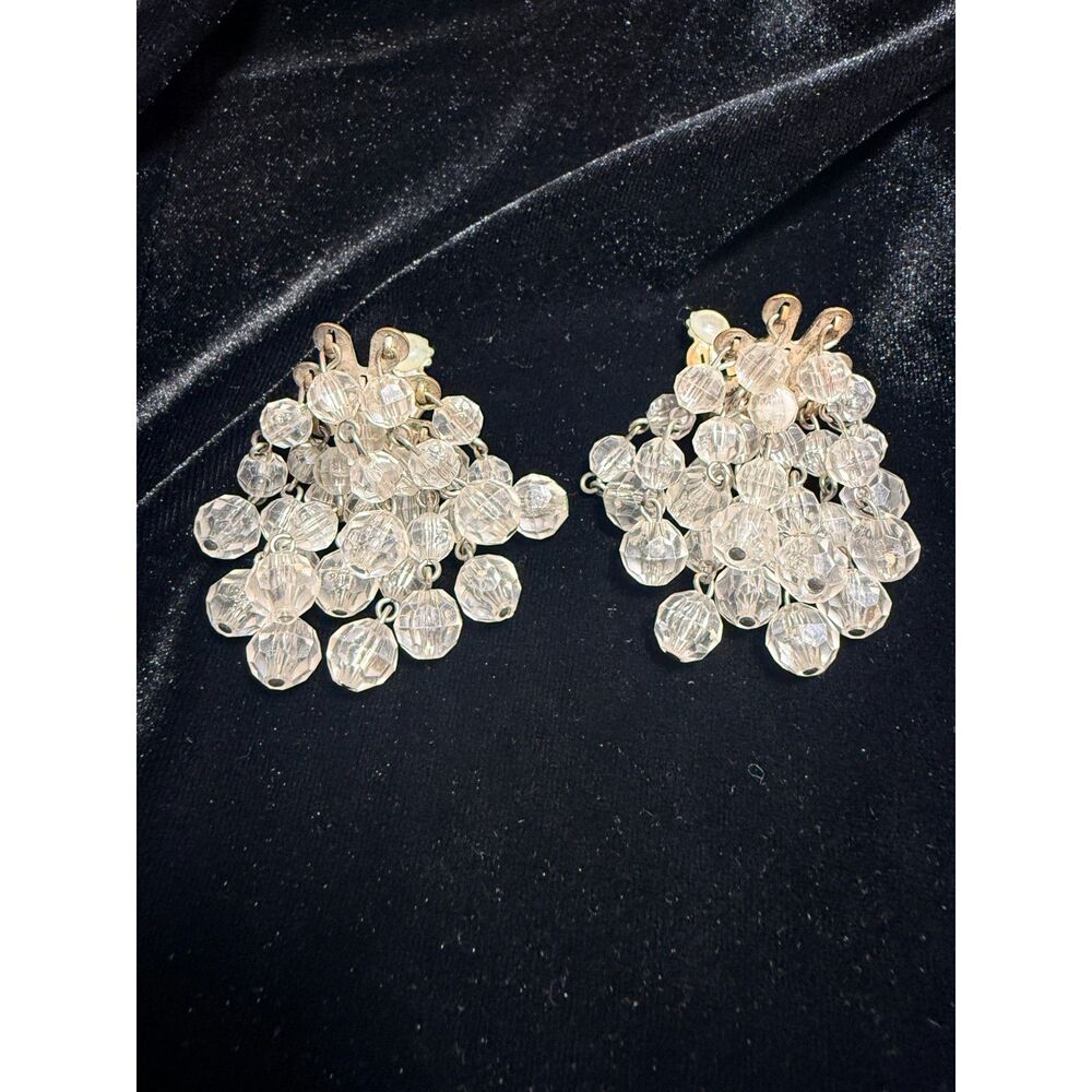 Vintage 1950s Clear Beaded Waterfall Cha Cha Clip-On Earrings Pat. Pend.